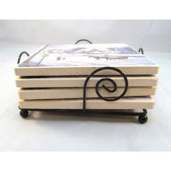 Winter Scene Ceramic Coasters with Wire Holder Set of 4 - Picture 2 of 7